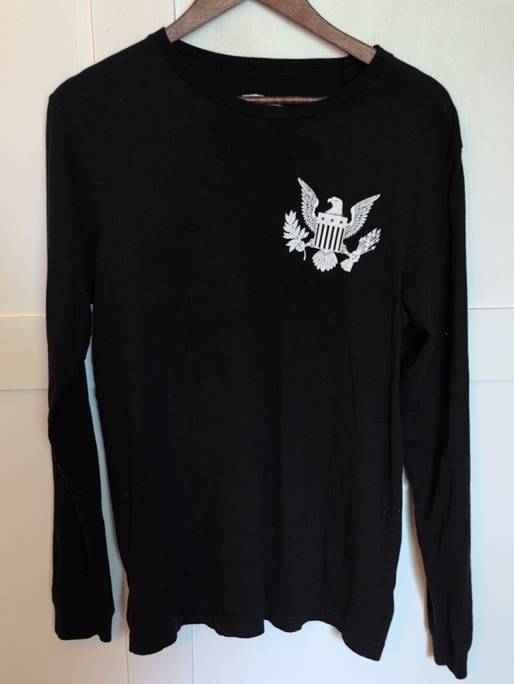 Men's Black Long-Sleeve Tee with White Eagle Crest